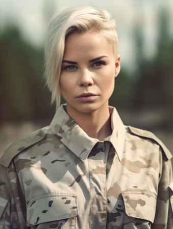 Strong female soldier in camouflage outfit poses confidently outdoors during daylight hoursの素材