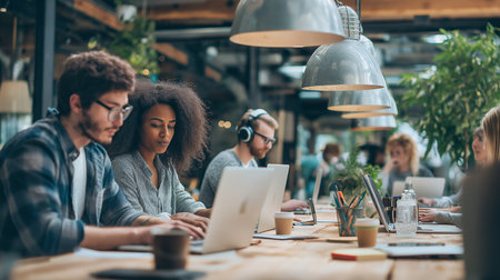 Creative professionals collaborate at a modern coworking space during the dayの素材