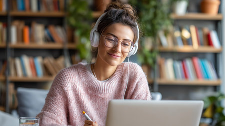 Young woman studying in cozy cafÃ©, wearing headphones and enjoying online learning experience in a sunny environmentの素材