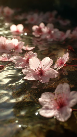 Cherry blossoms float gently on the surface of a serene pond, creating a tranquil natural setting during springtimeの素材