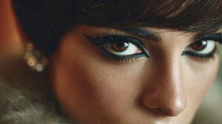 Captivating close-up of a person showcasing dramatic eyeliner and striking features in a cozy indoor settingの素材