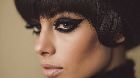 Timeless elegance of a woman showcasing bold makeup in a fashion-inspired setting during a photoshootの素材