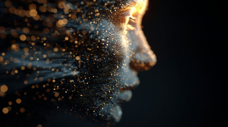 Artistic portrayal of a face merging with light particles in a dark backgroundの素材