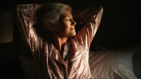 Woman enjoying morning light while relaxing in bed at home in a cozy atmosphereの素材