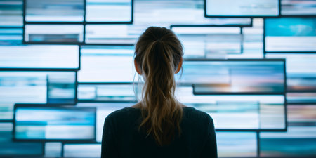 Woman observes digital art installation in modern gallery during evening hoursの素材