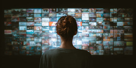 Exploring digital media through a vast wall display in a dimly lit room at nightの素材