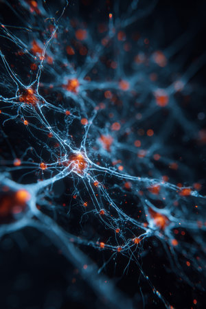 Intricate neural pathways illuminated with vibrant connections showcasing science and technologyの素材