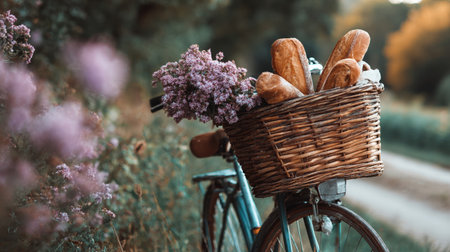 Fresh bread and flowers in a wicker basket on a bicycle by a country path during sunsetの素材