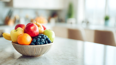 Colorful assortment of fresh fruit displayed in a bowl on a kitchen countertop during the dayの素材