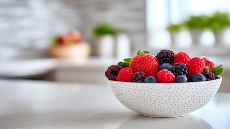 Fresh assortment of ripe berries in a white bowl on a kitchen counter with soft morning lightの素材