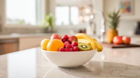 Colorful fruit bowl displayed on a kitchen countertop surrounded by natural light in a modern home settingの素材