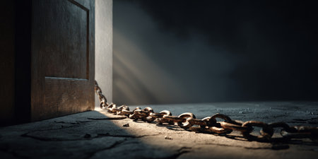 Chain lies on cracked floor near slightly opened wooden door illuminated by dramatic light from outsideの素材