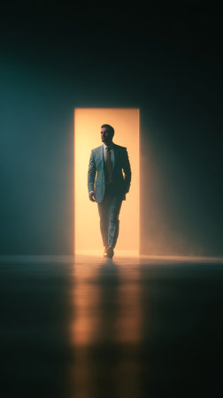 Businessman walks confidently through illuminated doorway, embodying success and opportunity in a dramatic settingの素材