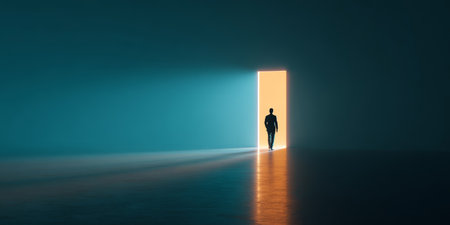 A person walking through an open door illuminated by warm light on a cool, dark background in a serene atmosphereの素材