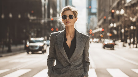 Confident woman in stylish suit crossing busy city street during daytimeの素材