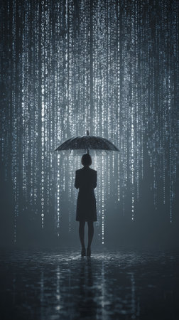 Individual standing beneath falling rain with an umbrella amidst a backdrop of light reflections at nightの素材