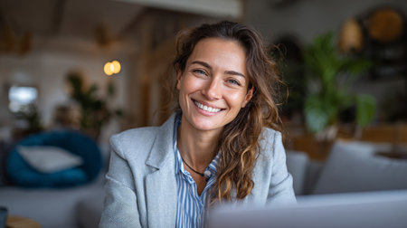 Smiling woman in professional attire works at a desk in a cozy office space during the dayの素材
