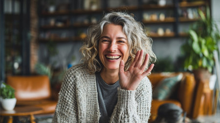 Smiling woman with curly hair greets with joy in a cozy indoor setting surrounded by plantsの素材