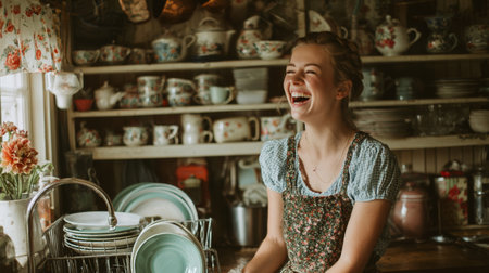 Young woman laughs joyfully in a vintage kitchen surrounded by colorful dishes and bright flowersの素材