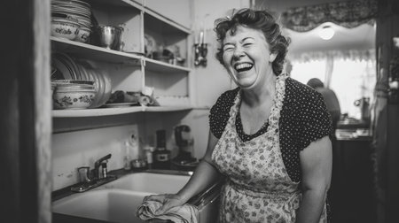 Smiling woman in vintage kitchen with apron enjoys cleaning while sharing joy in a warm and welcoming domestic spaceの素材