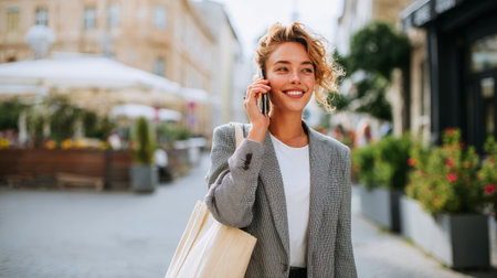 Young woman in a stylish blazer talking on a smartphone while walking through a vibrant urban street in the afternoonの素材