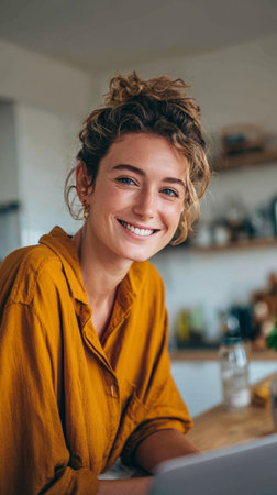 Young woman with curly hair smiles at the camera while standing in a cozy kitchen with warm colors during the dayの素材