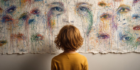 Child gazing at an expressive art installation in a gallery during the afternoonの素材