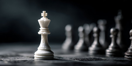 Focus on a white king chess piece with a blurred background of dark pieces during an intense gameの素材