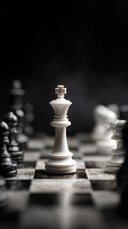 Intricate game of chess with a focus on a white king piece during a strategic evening matchの素材