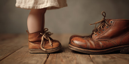 Childs small brown boots next to adults worn leather shoes on wooden floor in soft lightingの素材