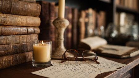 Candlelit reading nook with vintage books, handwritten letters, and eyeglasses on wooden deskの素材