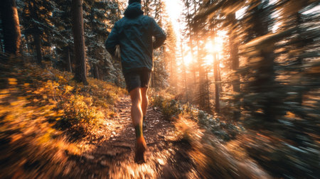 Runner enjoys a scenic trail under the golden glow of a sunset in a forest setting during autumnの素材