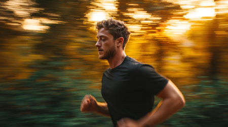Runner enjoys evening jog through forest with vibrant autumn colors in blurred backgroundの素材