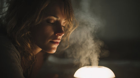 Woman enjoying aroma from diffuser creating a calming atmosphere in a cozy room during evening hoursの素材
