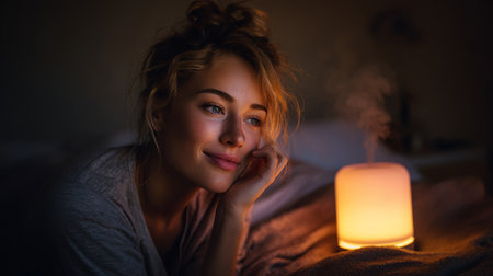 Relaxing evening atmosphere with soft light and a peaceful moment of contemplationの素材