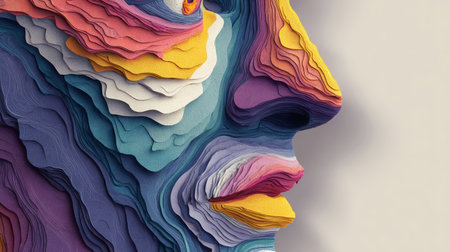 Vibrant paper art sculpture showcasing colorful layers in abstract human facial profile in a contemporary galleryの素材