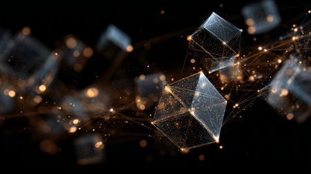 Digital art representation of floating geometric shapes and sparkling connections in a dark environmentの素材