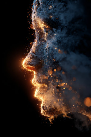 Abstract representation of a human face illuminated with glowing particles at duskの素材