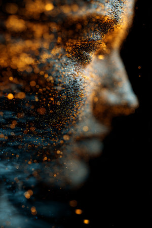 Intricate details of a face covered in shimmering particles against a dark background showcase stunning artistry and creativityの素材