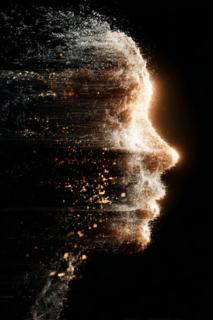 Artistic representation of a face dissolving into particles against a dark backgroundの素材