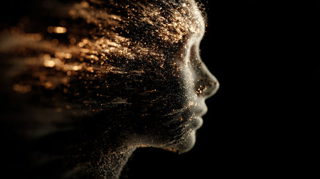 Womans profile dissolving into particles with glowing effects in a dark background at nightの素材