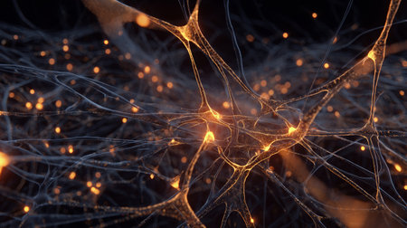 Network of glowing neurons transmitting signals in a dark backgroundの素材
