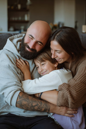 Happy family sharing an affectionate moment in cozy living room on a bright afternoonの素材