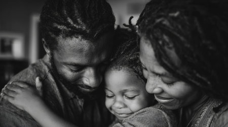 Family embraces in a warm moment of love and connection at home during a cozy eveningの素材