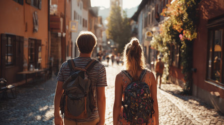 Couple exploring sunlit streets of an old European town, backpacks on their backs, embracing the wanderlust spirit togetherの素材