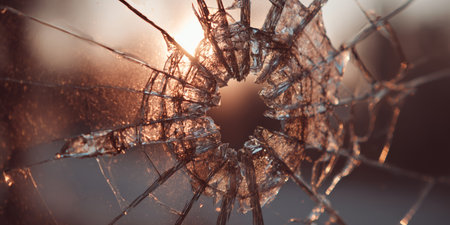 Beauty in brokenness is illuminated by sunlight shining through cracked glass at dawnの素材