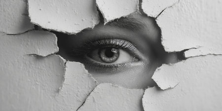 Fragmented self-perception revealed through a cracked mirror reflecting one eye on a white wallの素材