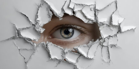 Cracked mirror reflection revealing fragmented self-perception with one eye in focusの素材