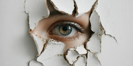 Cracked mirror reveals one eye reflecting fractured self-perception against a white wall in a moment of introspectionの素材