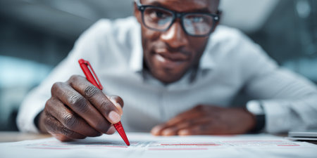 Focused editor reviewing and marking printout with a red pen in a professional settingの素材